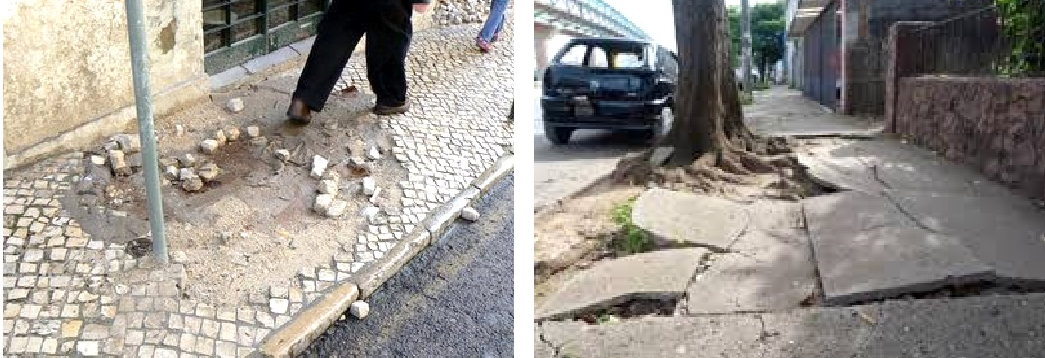 Calçadas com pedras soltas e em desnível, um perigo, com risco de acidentes e queda dos pedestres